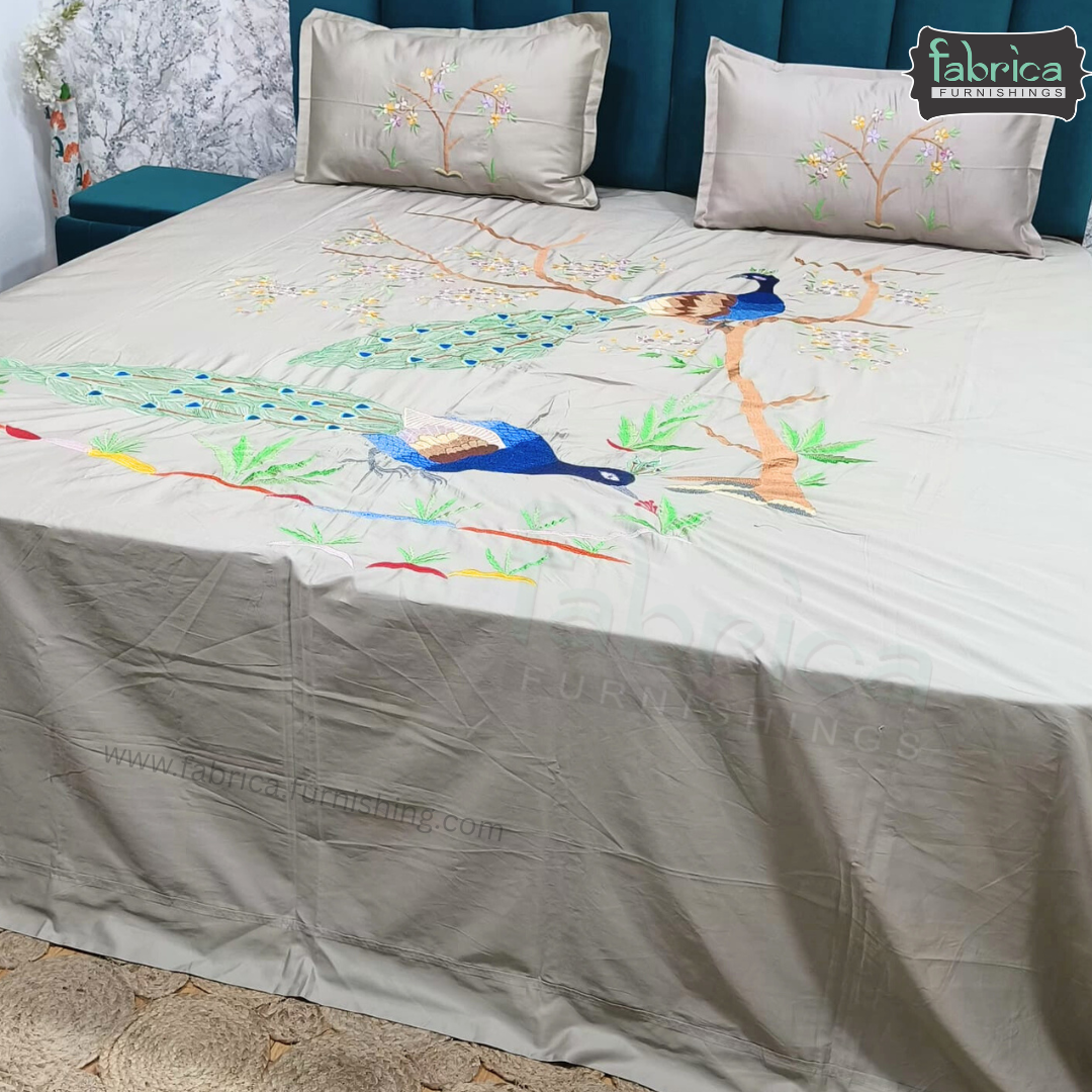 Peacock Embroidered Pure Cotton Designer King Size Bed Sheets