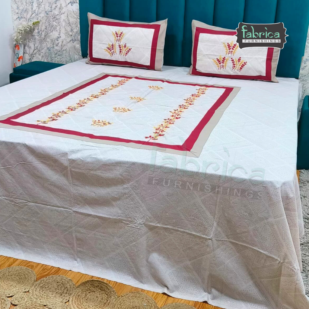 Ivory bloom Designer Pure Cotton Kingsize Embroidered Bedsheet