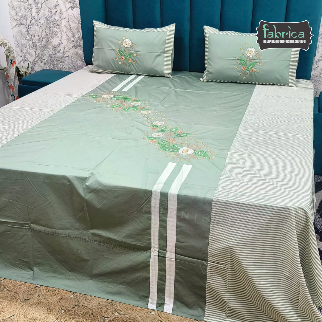 Emerald Designer Pure Cotton Embroidered King Size Bedsheet Set