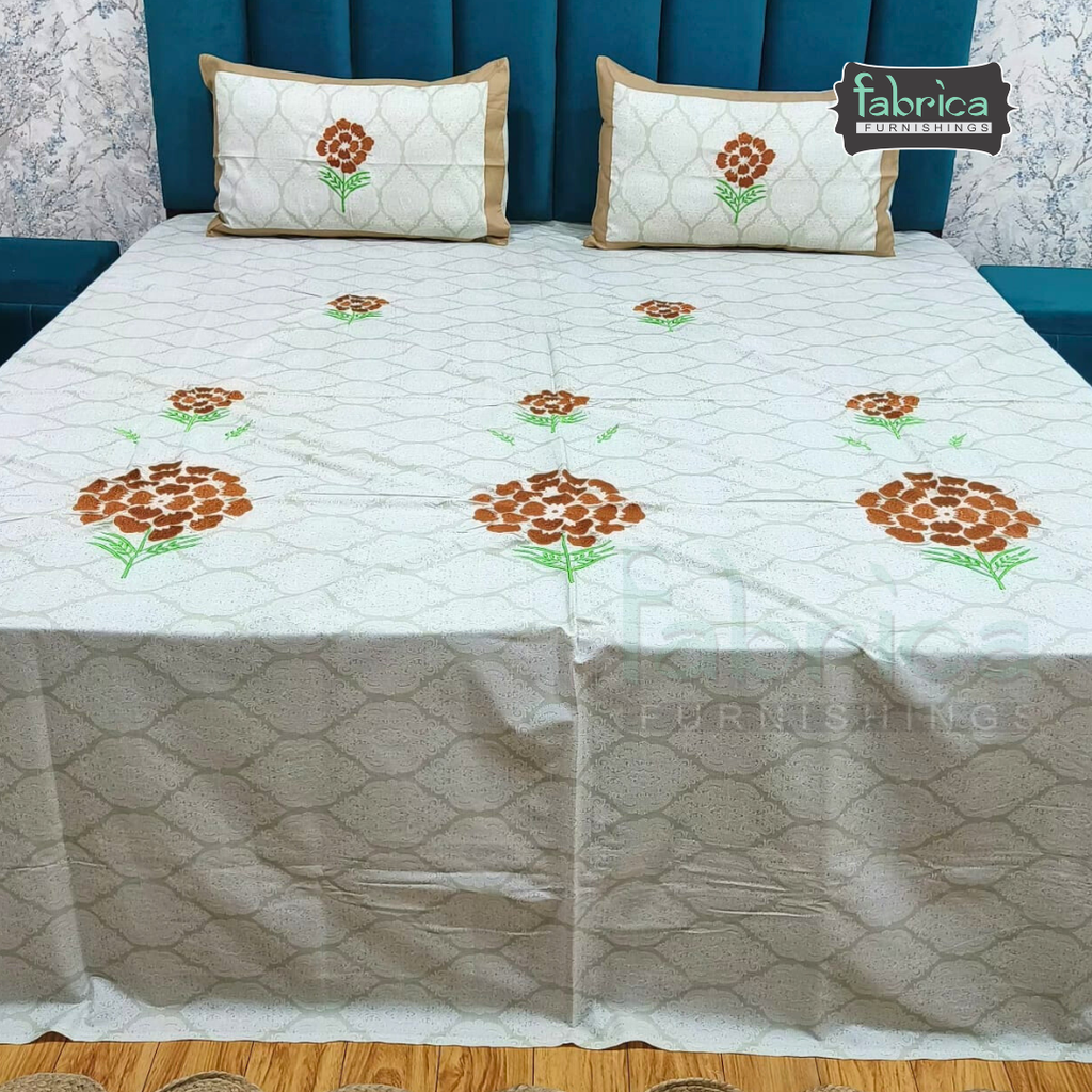 Ivory bloom Designer Pure Cotton Kingsize Embroidered Bedsheet