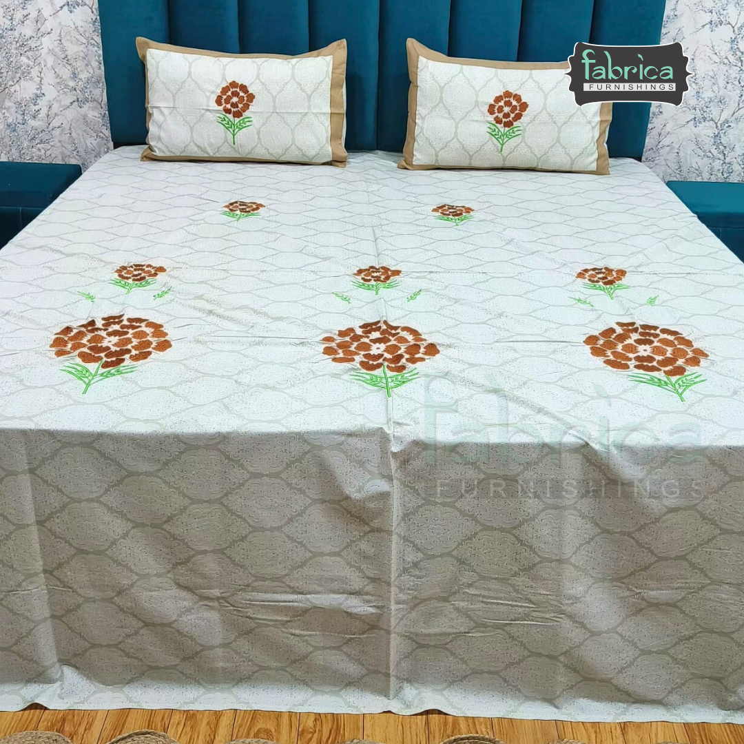 Ivory bloom Designer Pure Cotton Kingsize Embroidered Bedsheet