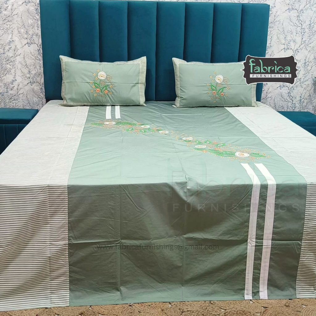 Emerald Designer Pure Cotton Embroidered King Size Bedsheet Set