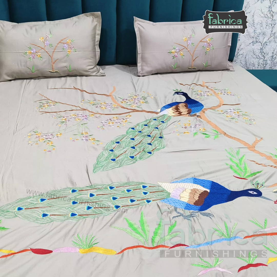 Peacock Embroidered Pure Cotton Designer King Size Bed Sheets