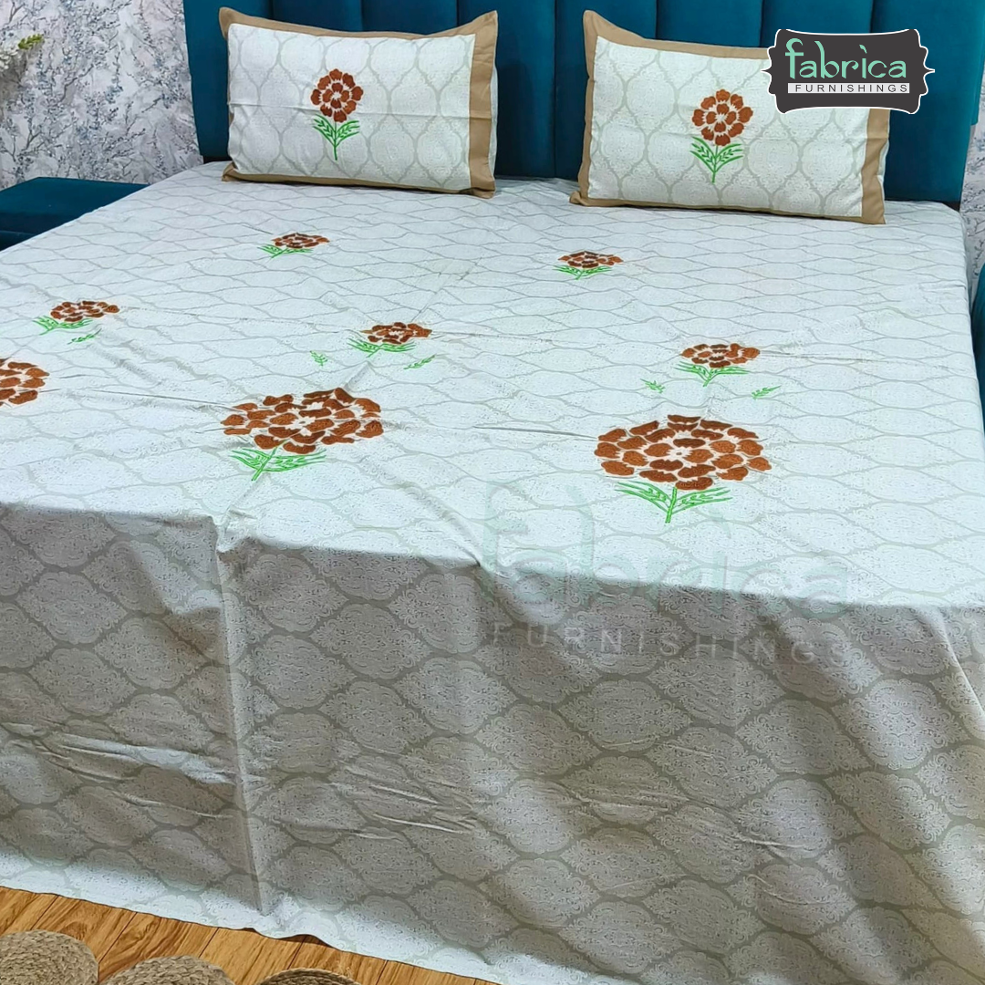 Ivory bloom Designer Pure Cotton Kingsize Embroidered Bedsheet