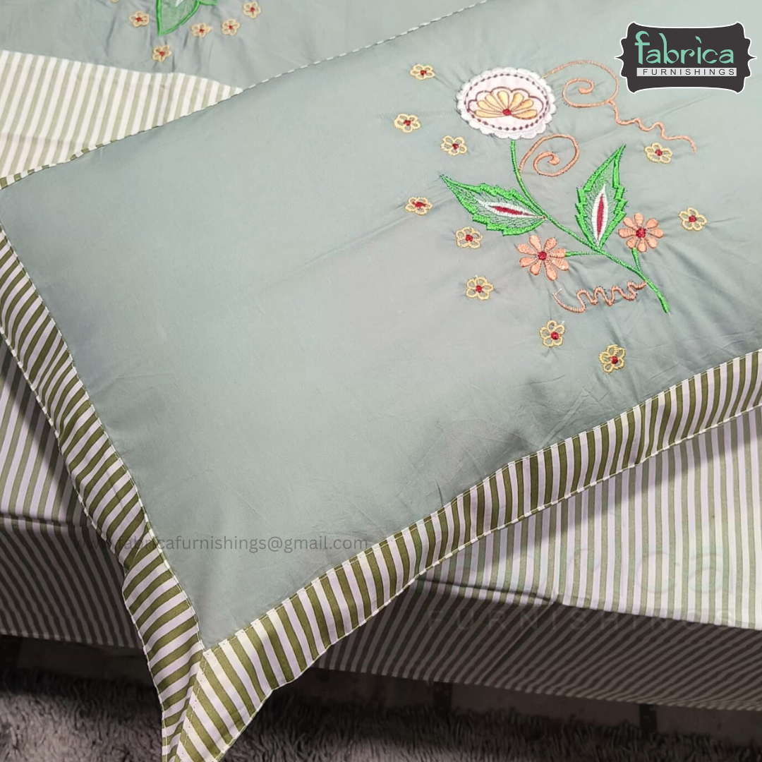 Emerald Designer Pure Cotton Embroidered King Size Bedsheet Set