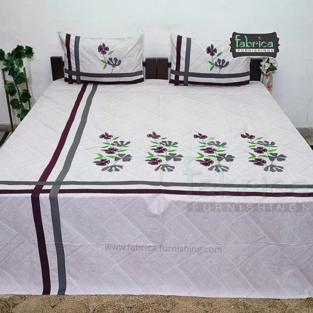 Ivory bloom Designer Pure Cotton Kingsize Embroidered Bedsheet