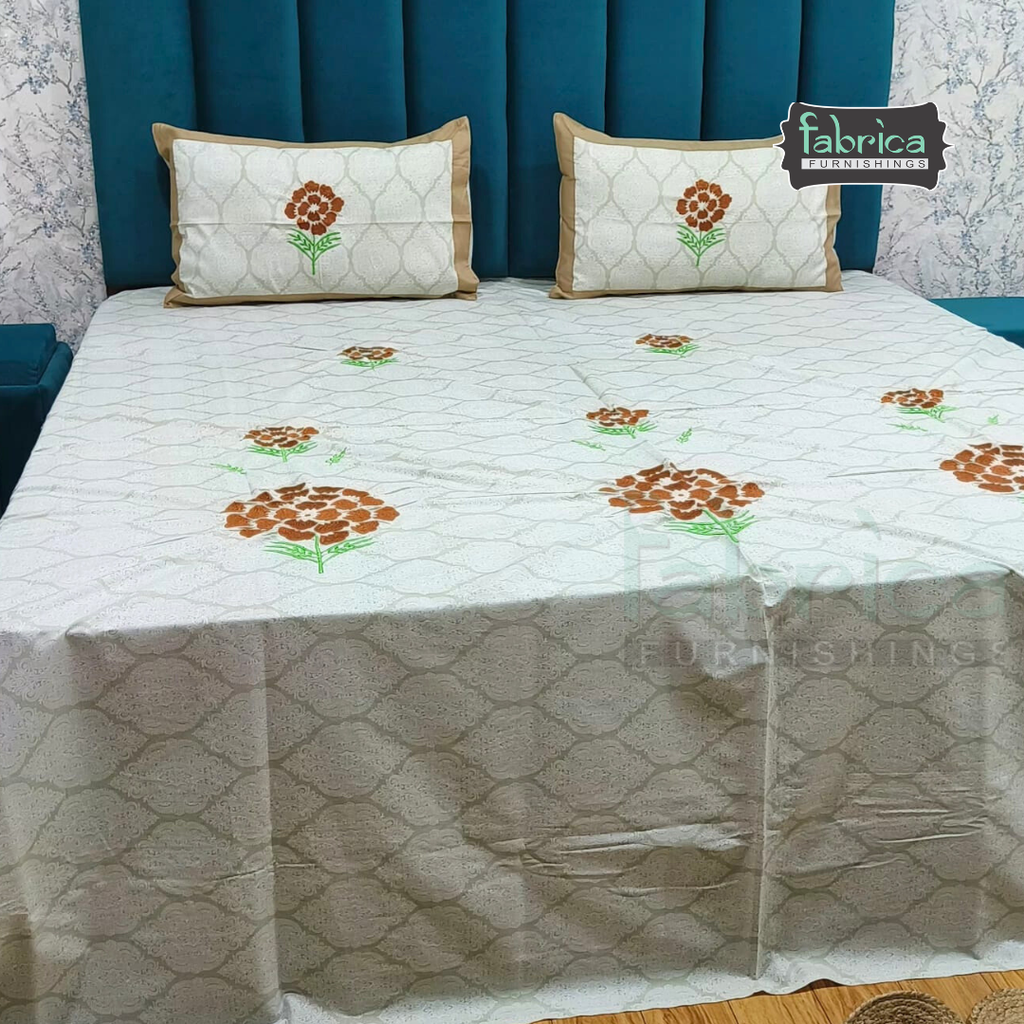 Ivory bloom Designer Pure Cotton Kingsize Embroidered Bedsheet