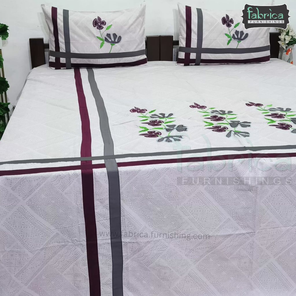 Ivory bloom Designer Pure Cotton Kingsize Embroidered Bedsheet