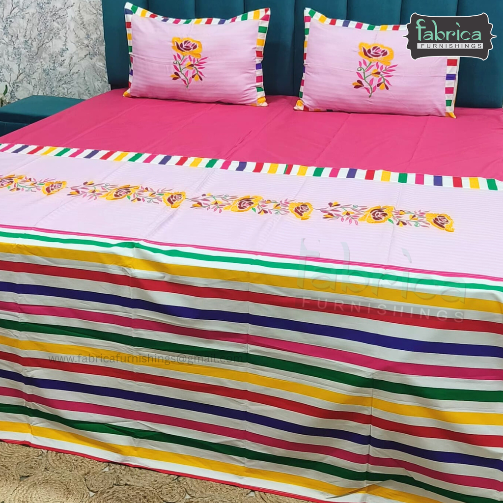 Emerald Designer Pure Cotton Embroidered King Size Bedsheet Set