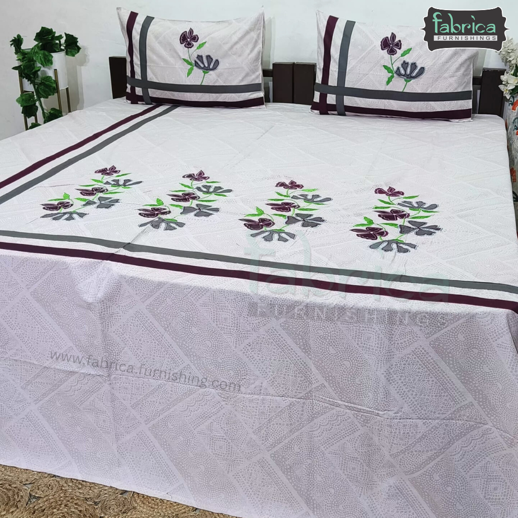 Ivory bloom Designer Pure Cotton Kingsize Embroidered Bedsheet