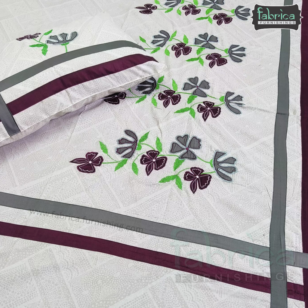 Ivory bloom Designer Pure Cotton Kingsize Embroidered Bedsheet