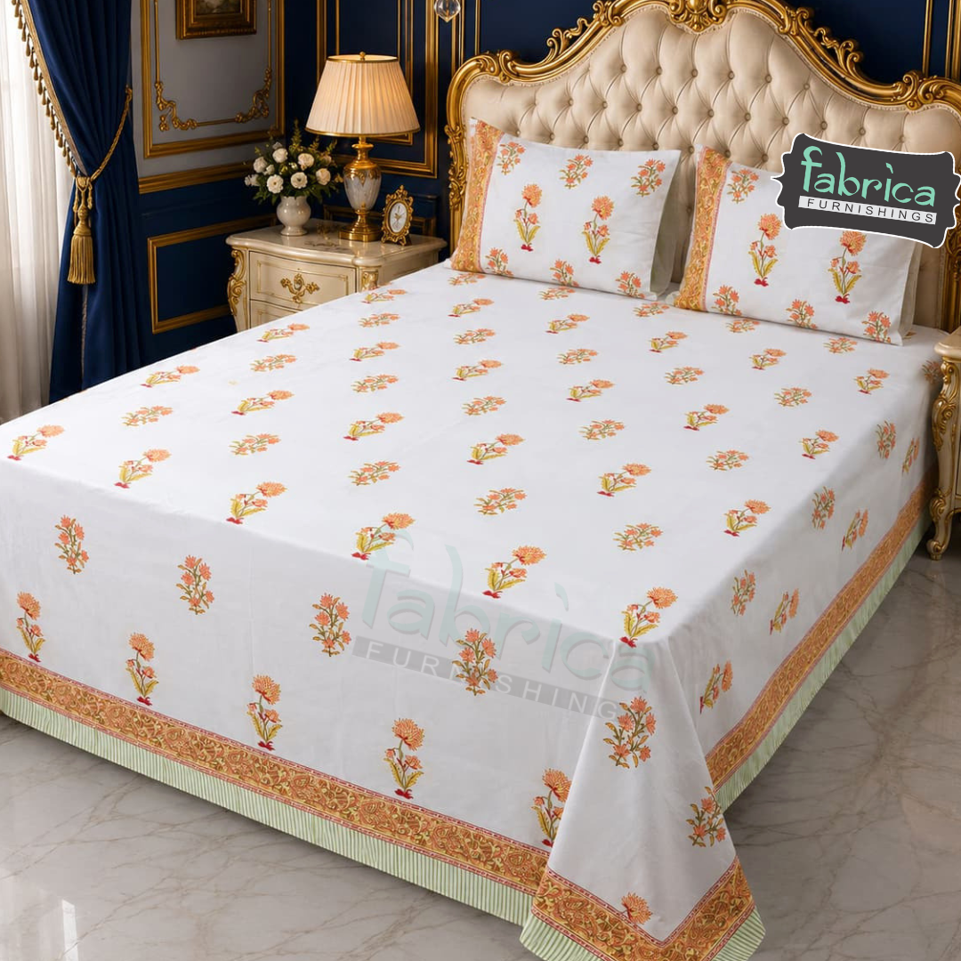 Percale Cotton Hand block Printed Super King-size Bedsheet