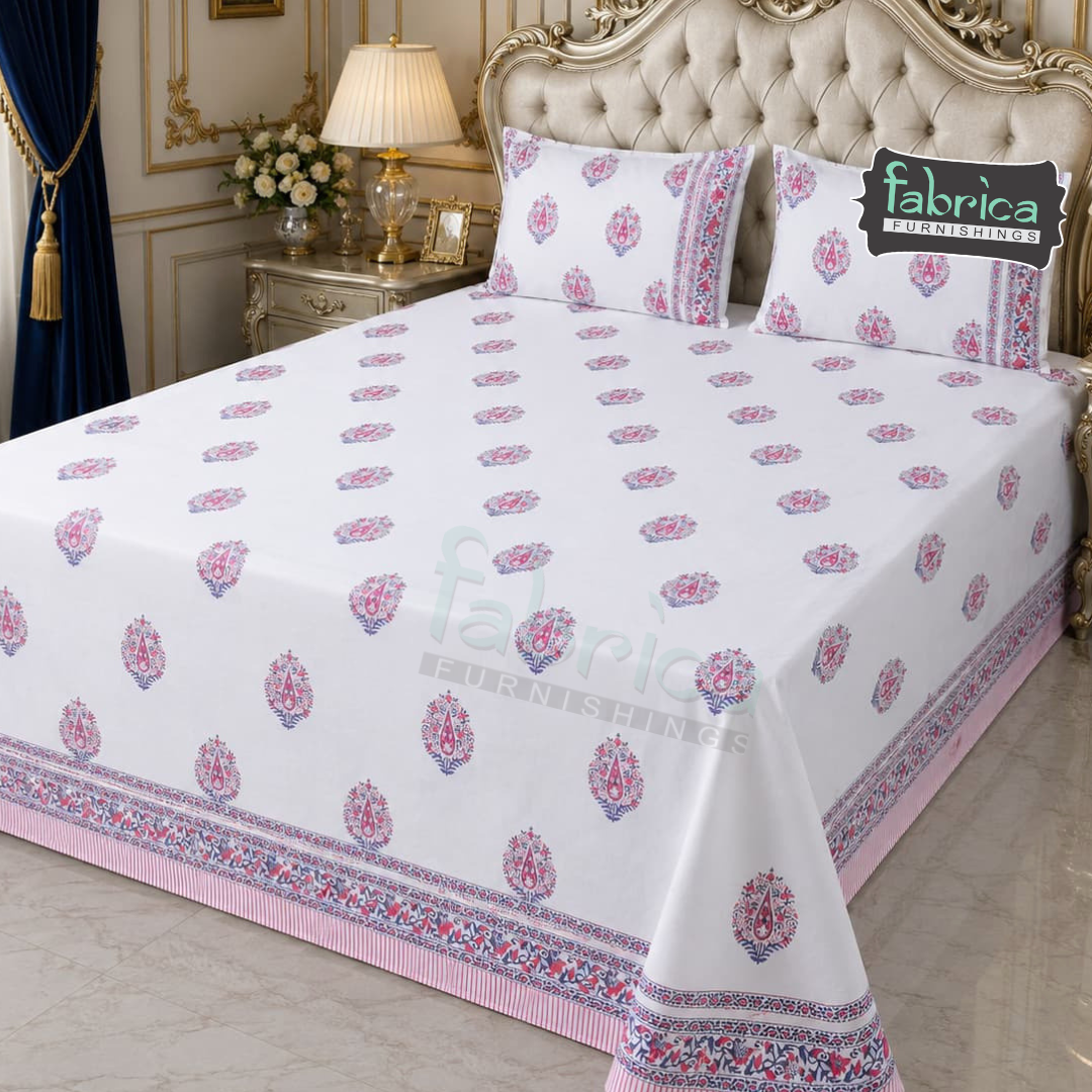 Percale Cotton Hand block Printed Super King-size Bedsheet