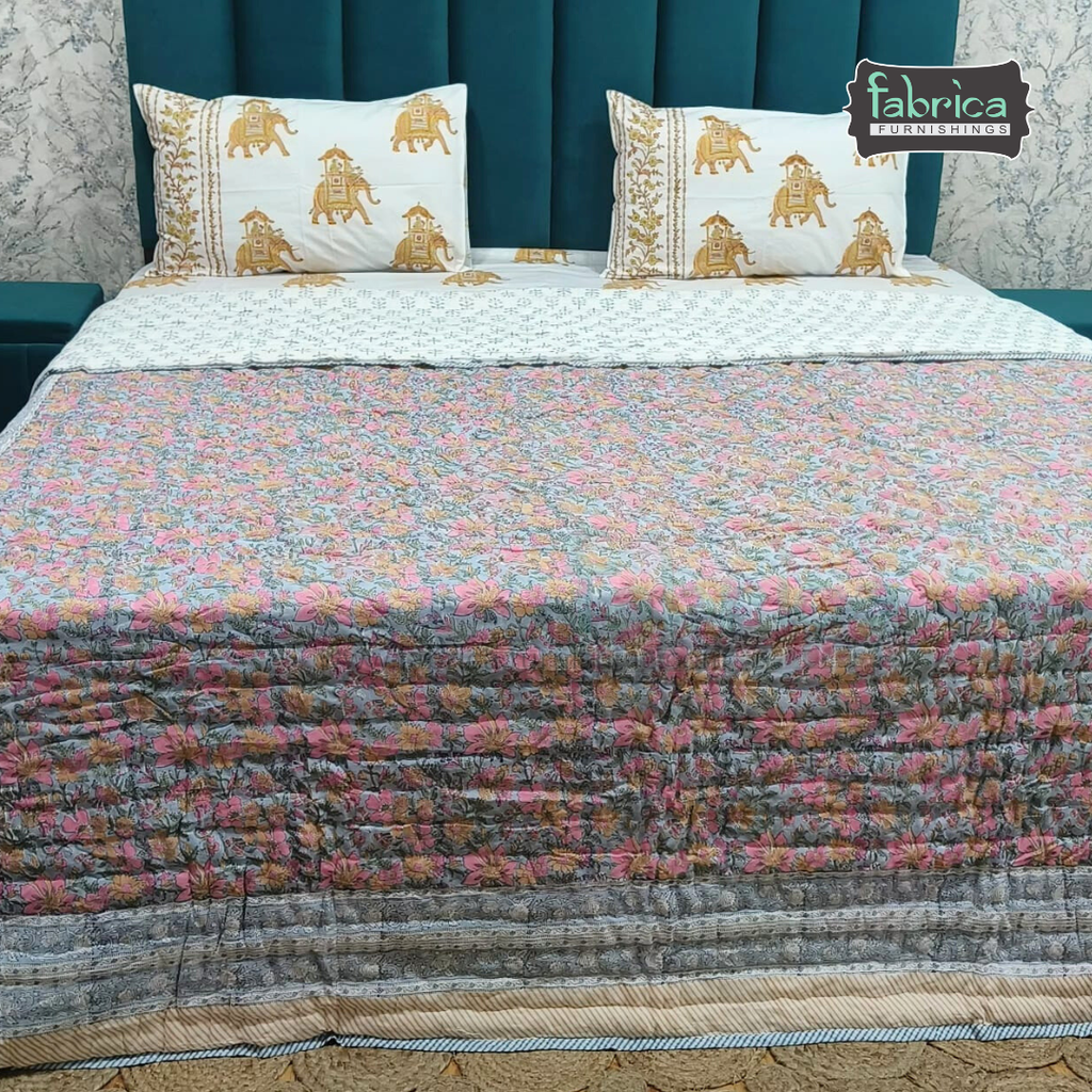 Rangoli Handblock Printed Pure Mul Cotton Reversible Quilts / Rajai