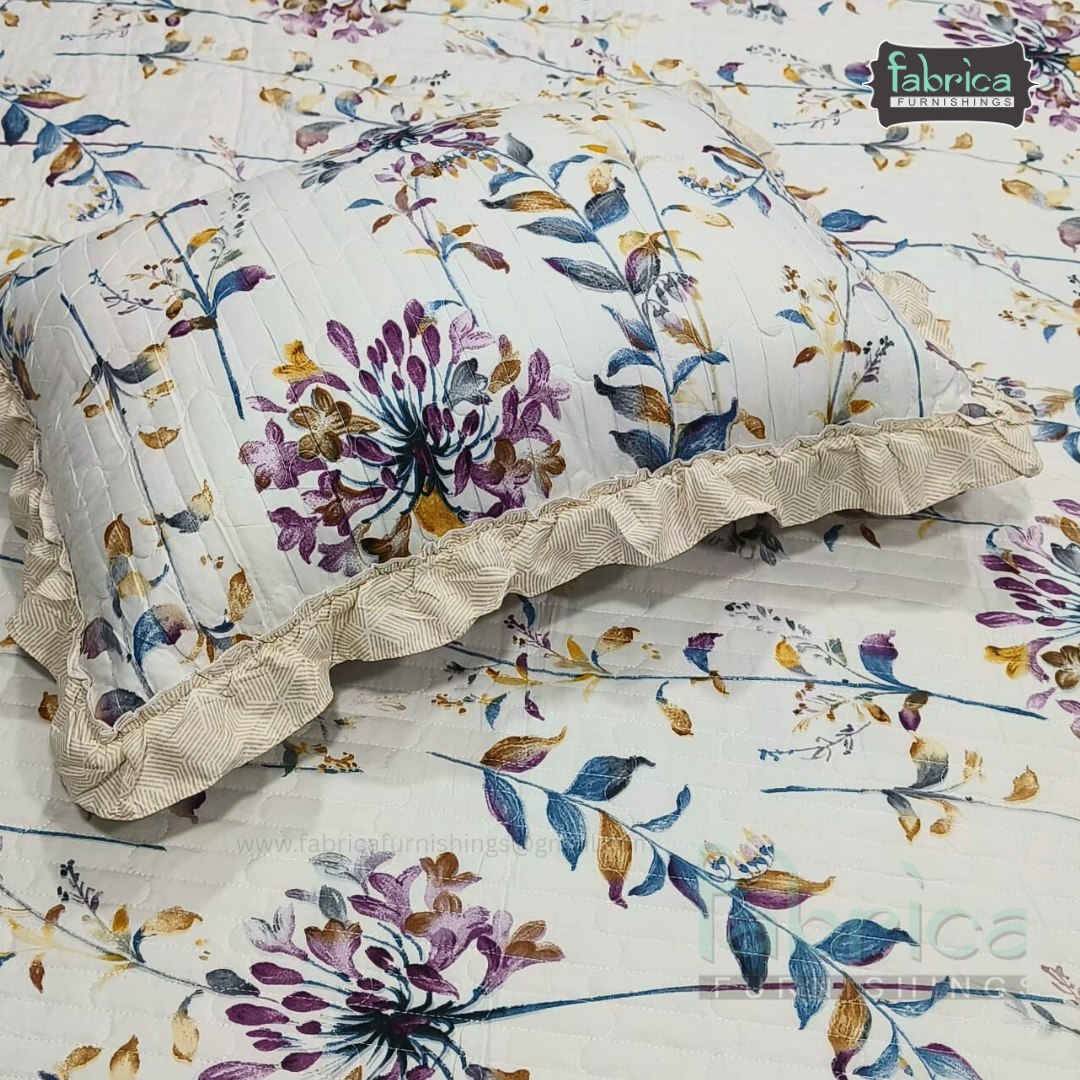 Florence Printed  King Size Pure Cotton Quilted Frill Work Bedcover