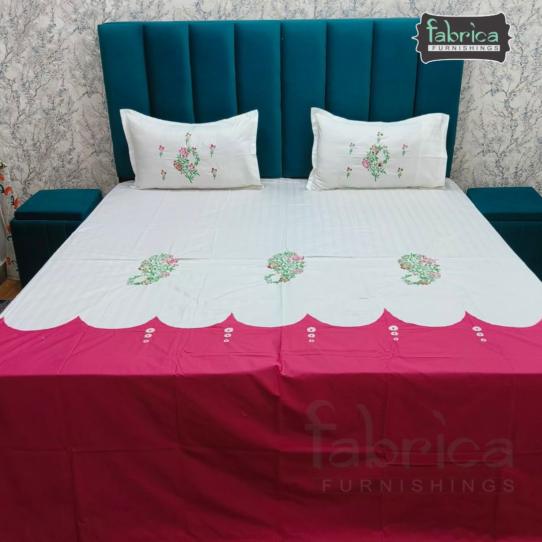 Premium Cotton King Size Bedsheet Set Elegant White & Pink Floral Design