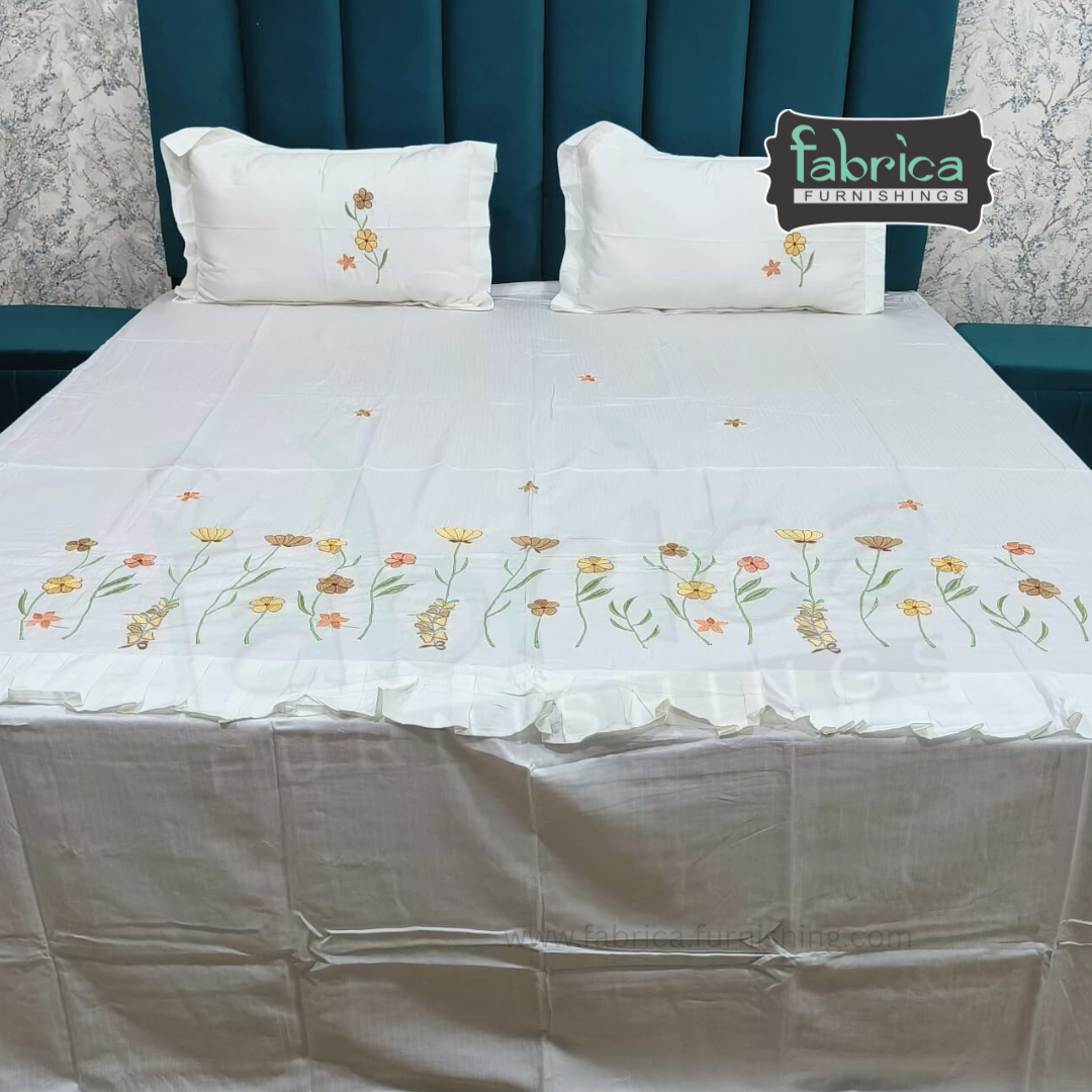 Ivory bloom Designer Pure Cotton Kingsize Embroidered Bedsheet