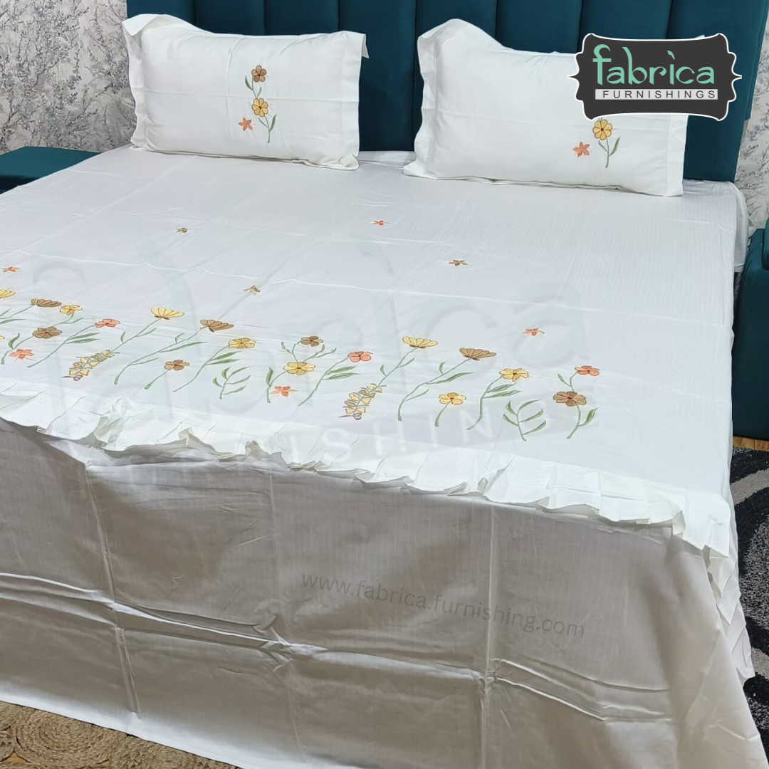 Ivory bloom Designer Pure Cotton Kingsize Embroidered Bedsheet