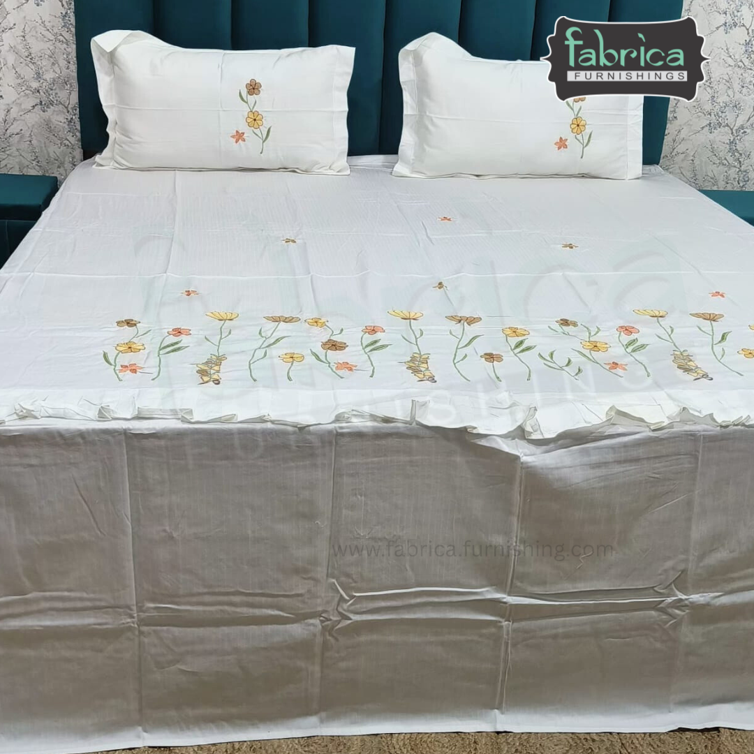 Ivory bloom Designer Pure Cotton Kingsize Embroidered Bedsheet