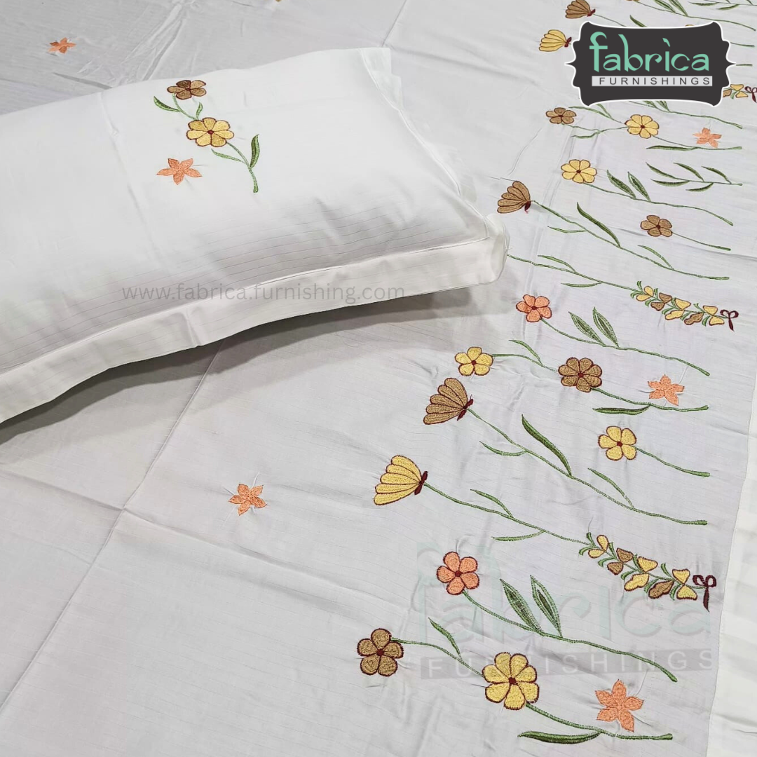 Ivory bloom Designer Pure Cotton Kingsize Embroidered Bedsheet