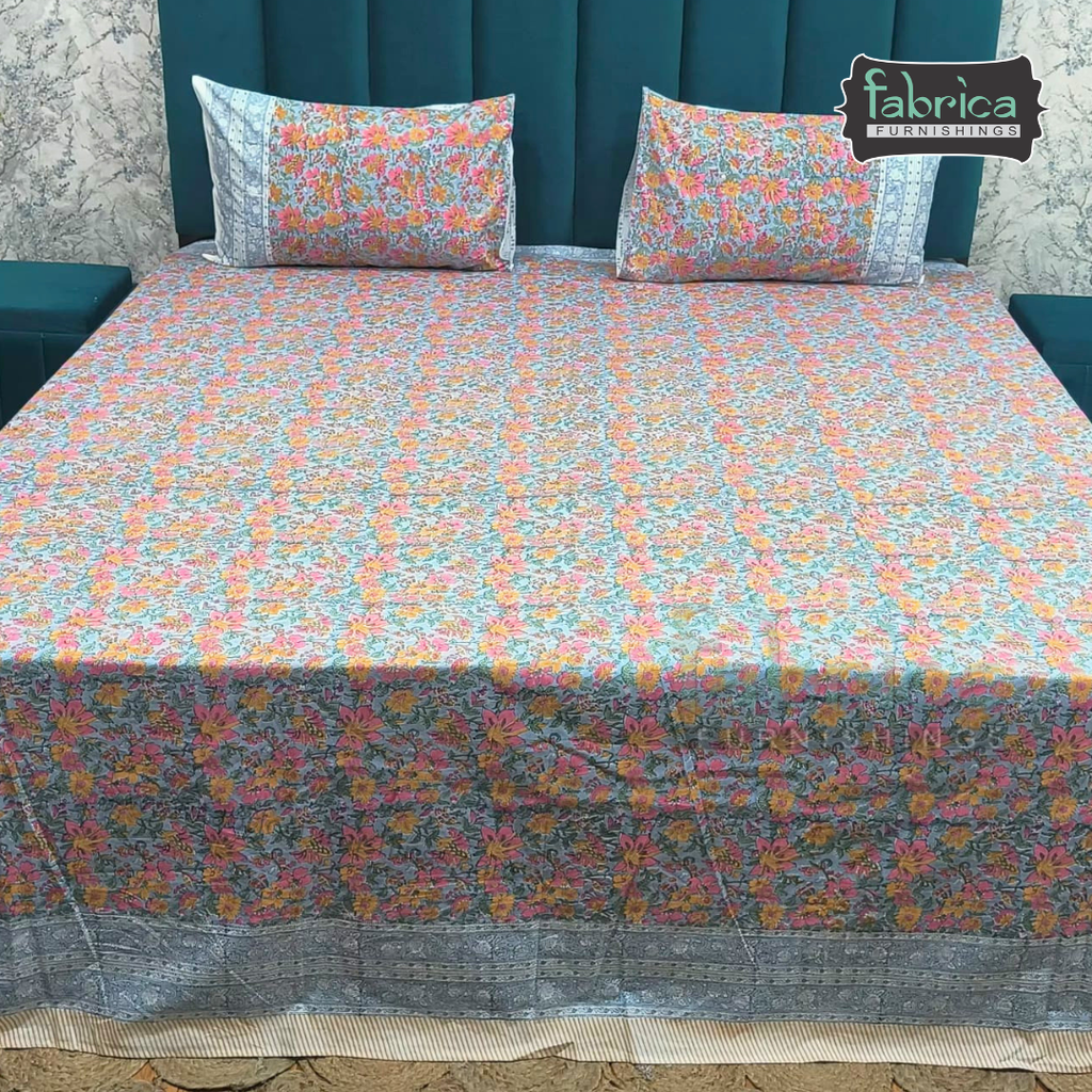 Percale Cotton Hand block Printed Super King-size Bedsheet