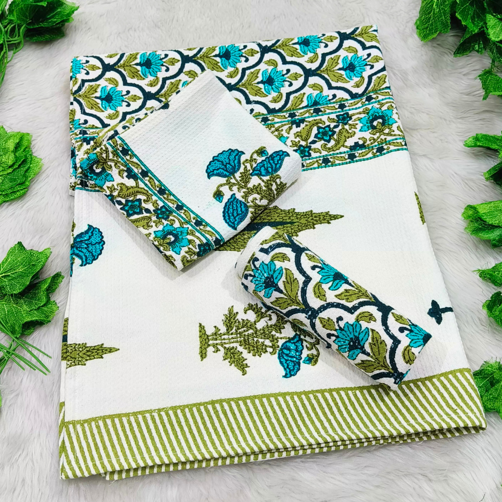 Waffle Handblock Printed Pure Cotton Bath & Hand Towels