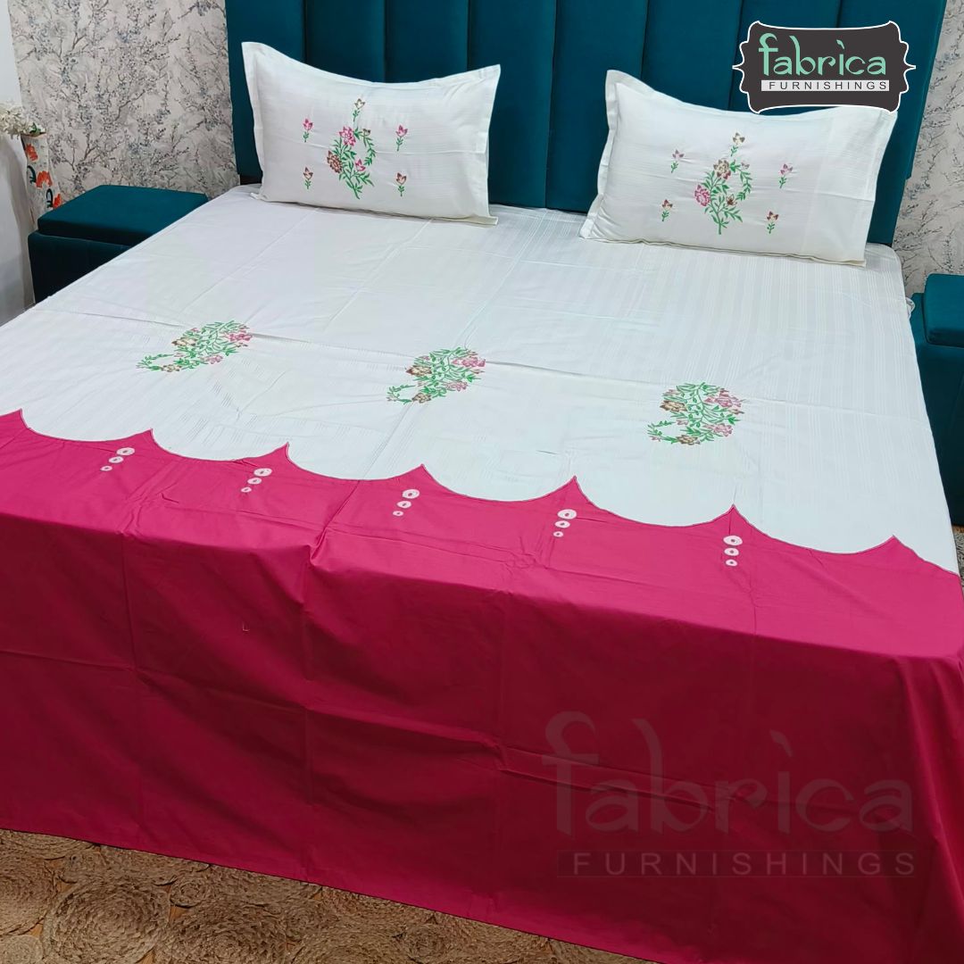 Premium Cotton King Size Bedsheet Set Elegant White & Pink Floral Design