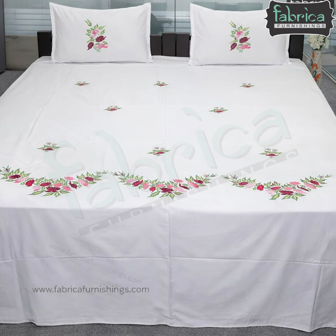 Ivory bloom Designer Pure Cotton Kingsize Embroidered Bedsheet