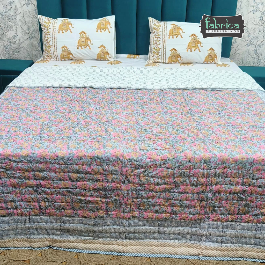 Rangoli Handblock Printed Pure Mul Cotton Reversible Quilts / Rajai