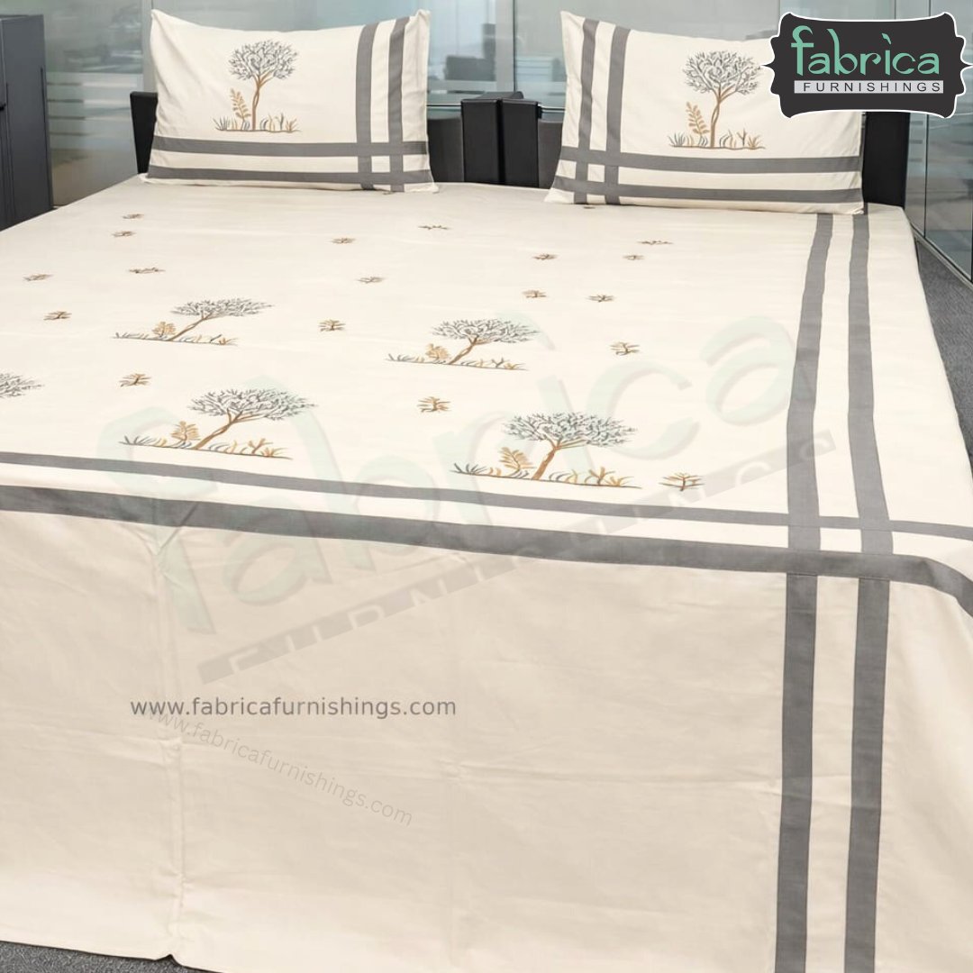 Ivory bloom Designer Pure Cotton Kingsize Embroidered Bedsheet
