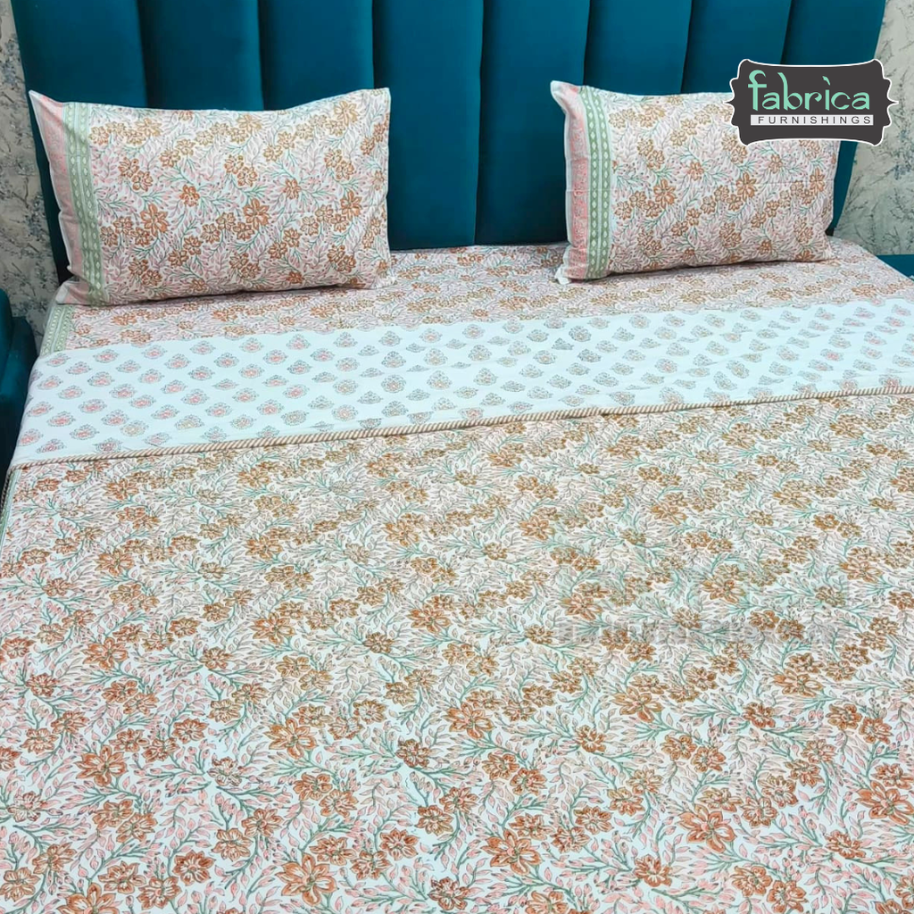Saanjh HandBlock Printed Mul Mul cotton 4 pcs Bedding Set