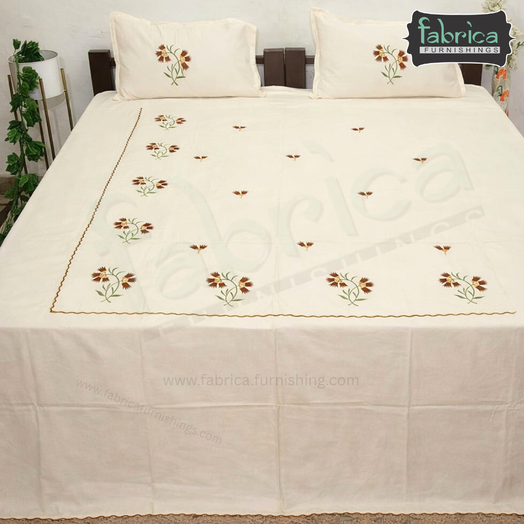 Ivory bloom Designer Pure Cotton Kingsize Embroidered Bedsheet