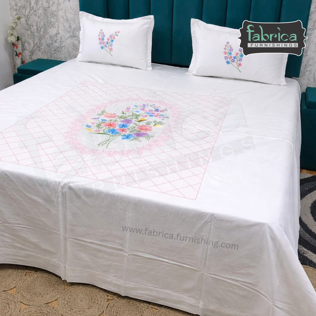 Ivory bloom Designer Pure Cotton Kingsize Embroidered Bedsheet