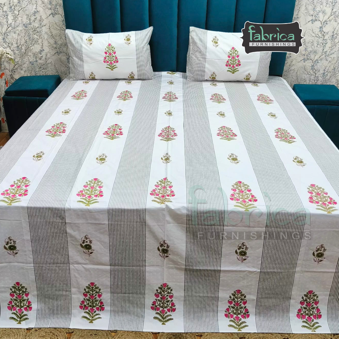 Dobby Checks 600 TC Hand block Printed  King-size Bedsheet