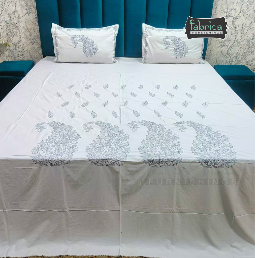 Artistic Thread Work Pure Cotton King Size Embroidered Bedsheet
