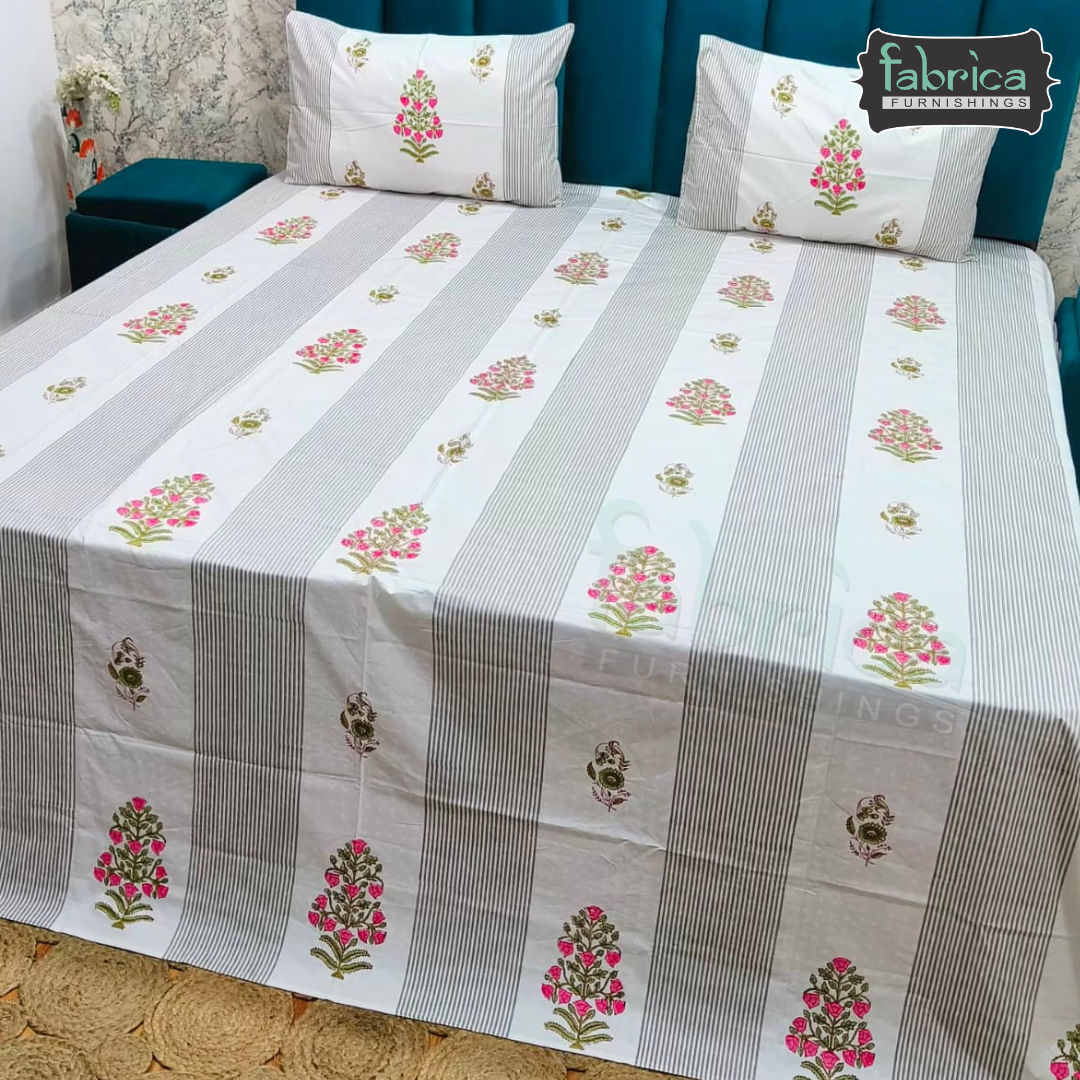 Dobby Checks 600 TC Hand block Printed  King-size Bedsheet