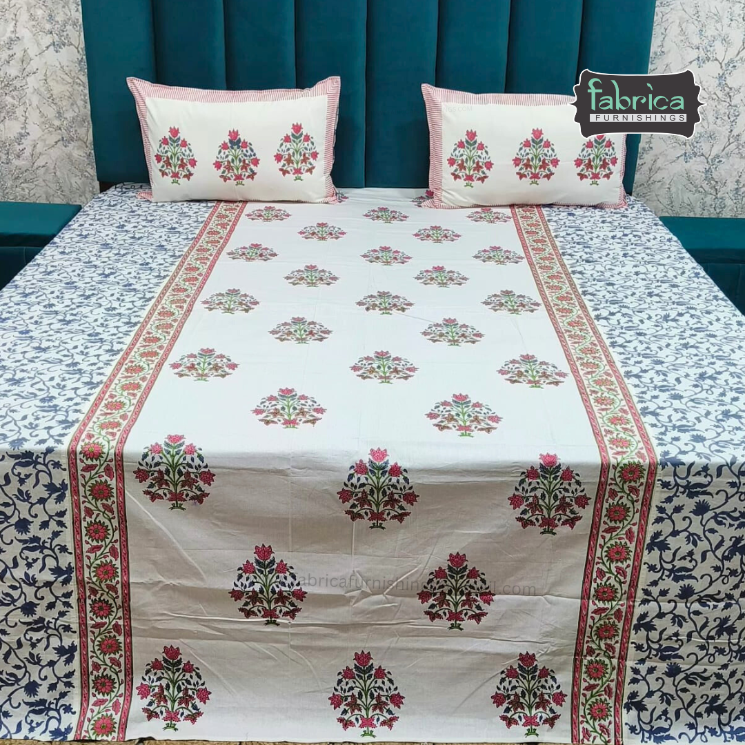 Traditional Handblock And Ajrak Printed Pure Cotton Kking Size Bedsheet