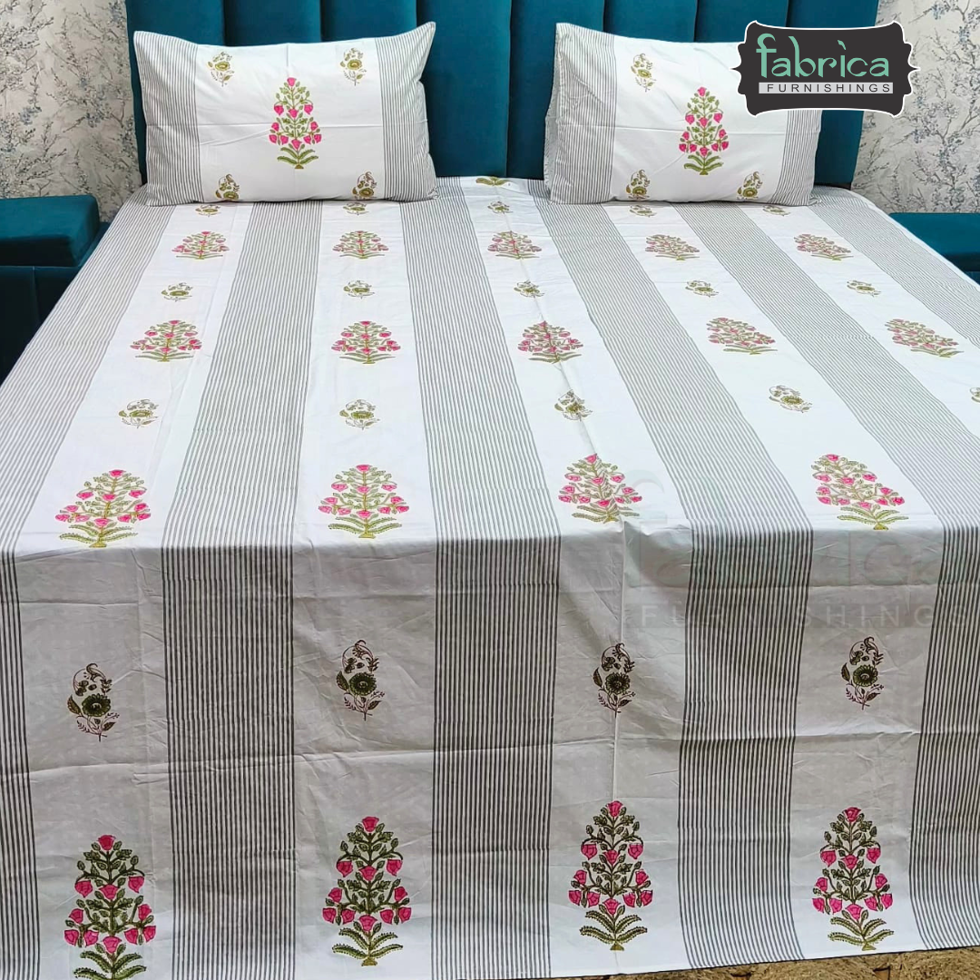 Dobby Checks 600 TC Hand block Printed  King-size Bedsheet