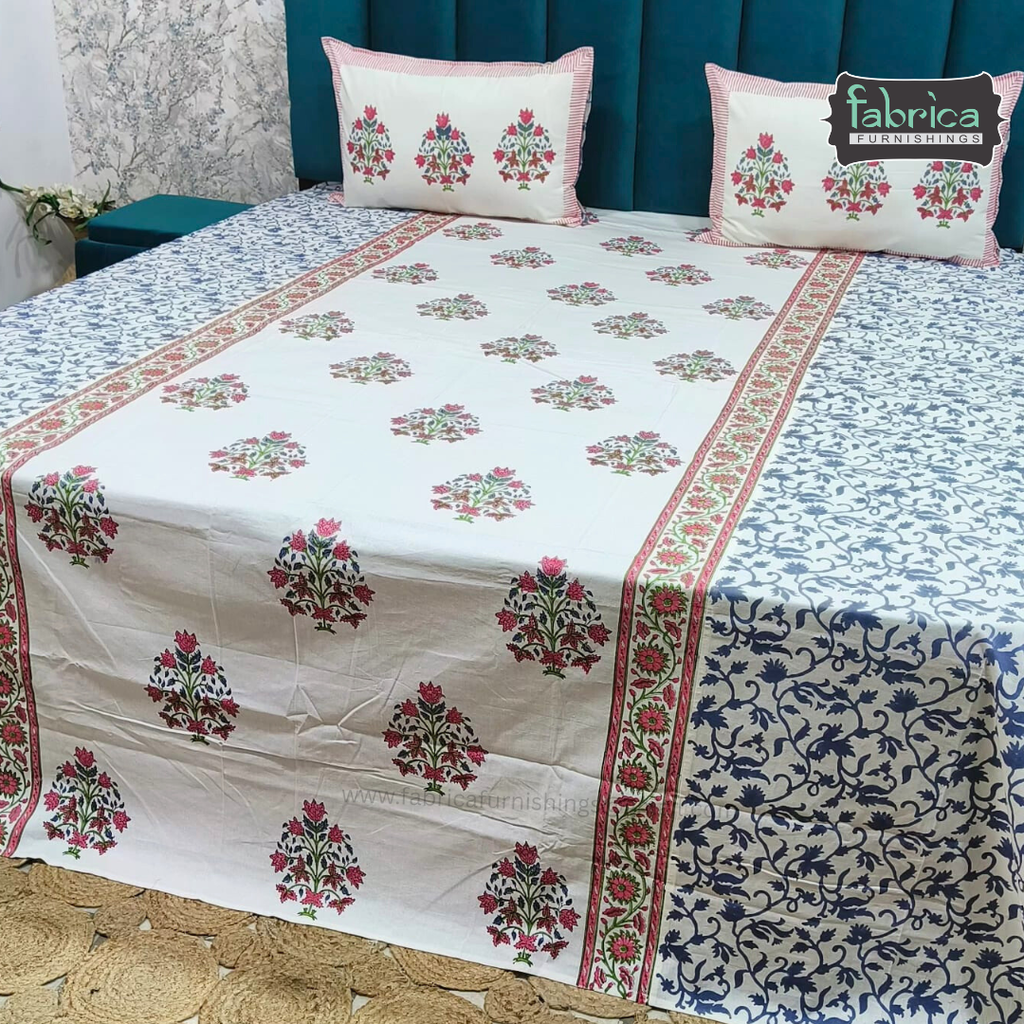 Traditional Handblock And Ajrak Printed Pure Cotton Kking Size Bedsheet