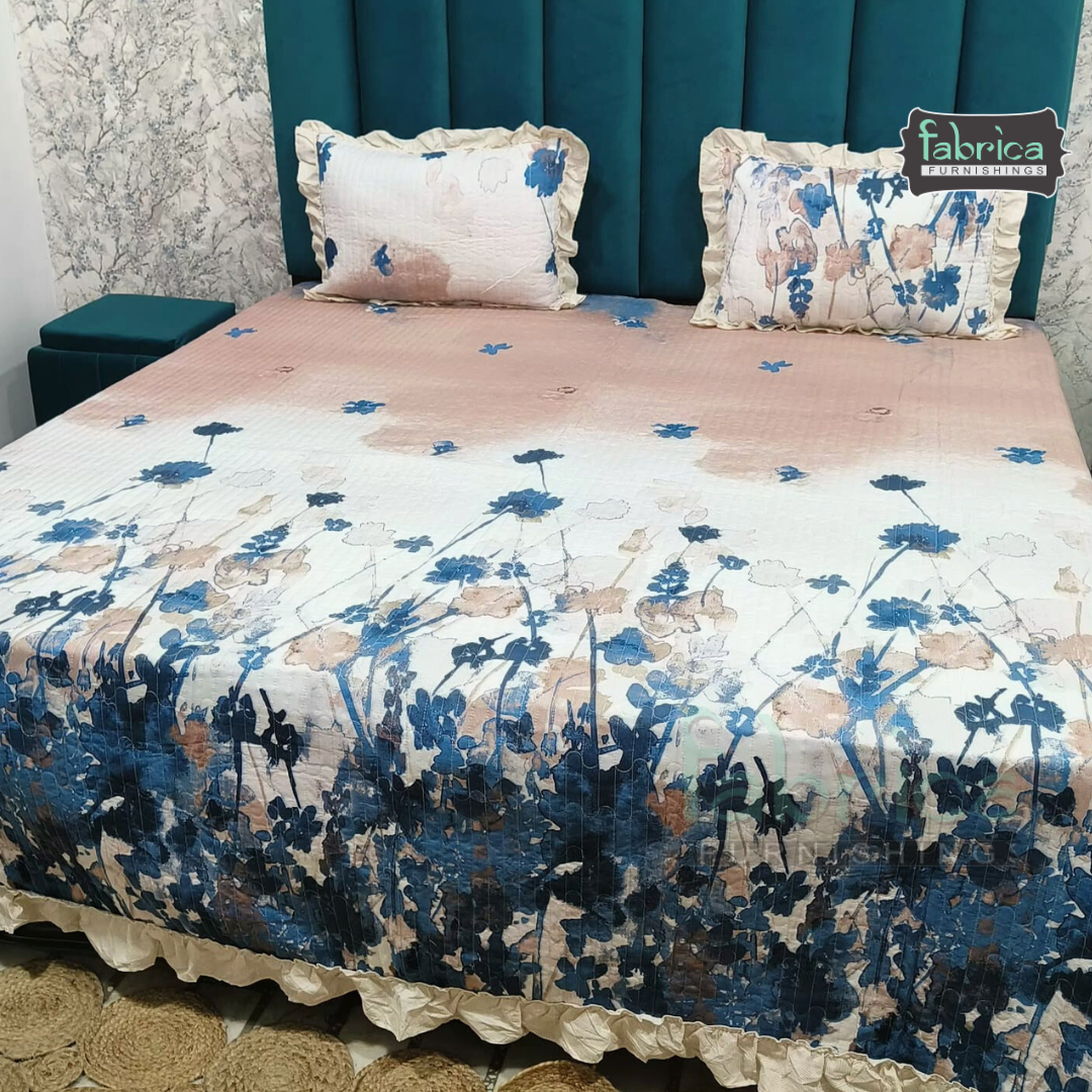 Florence Printed  King Size Pure Cotton Quilted Frill Work Bedcover