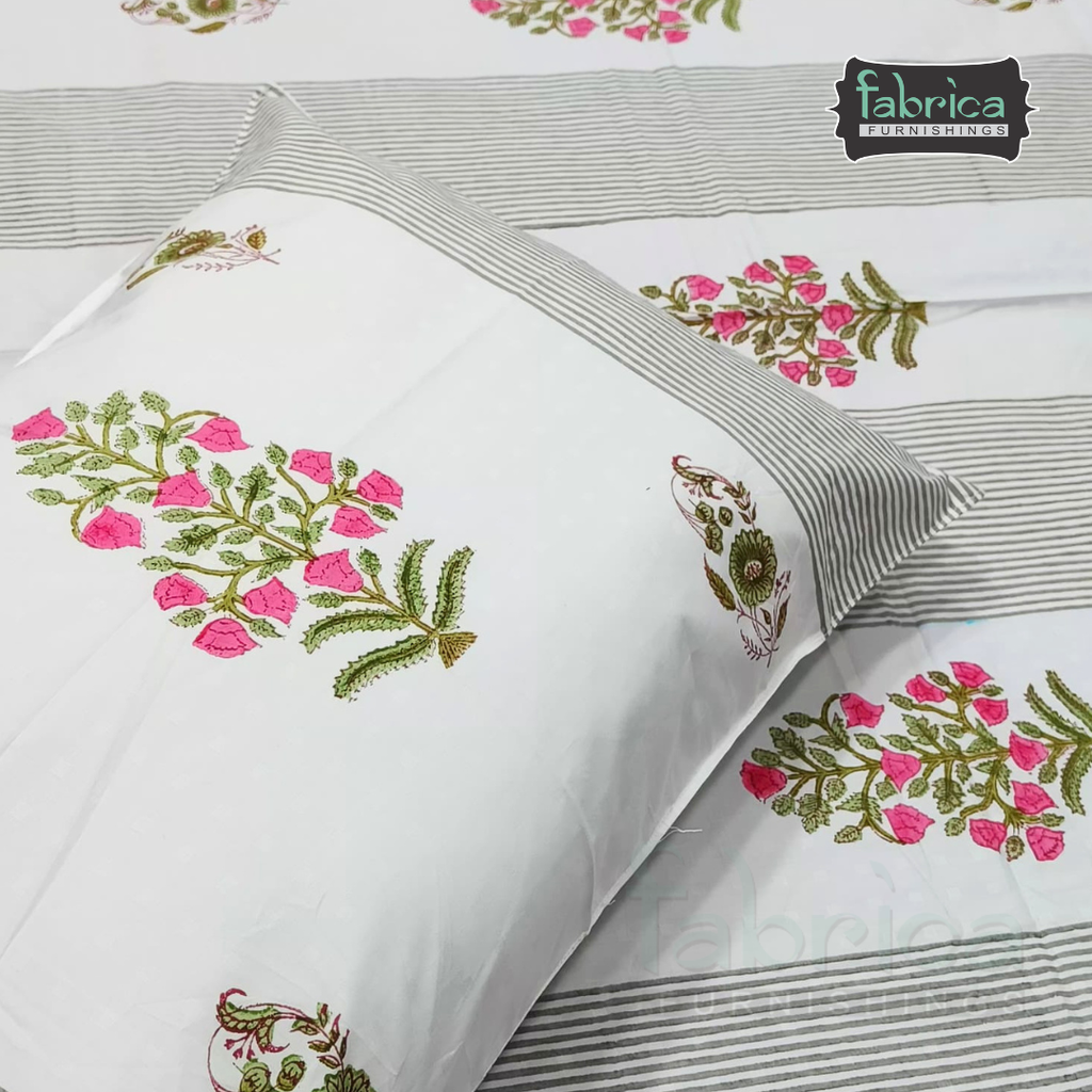 Dobby Checks 600 TC Hand block Printed  King-size Bedsheet