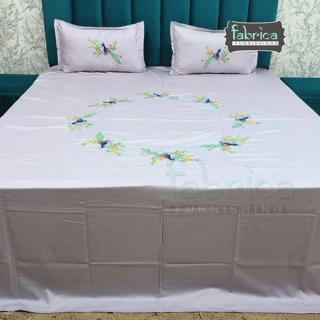Ivory bloom Designer Pure Cotton Kingsize Embroidered Bedsheet