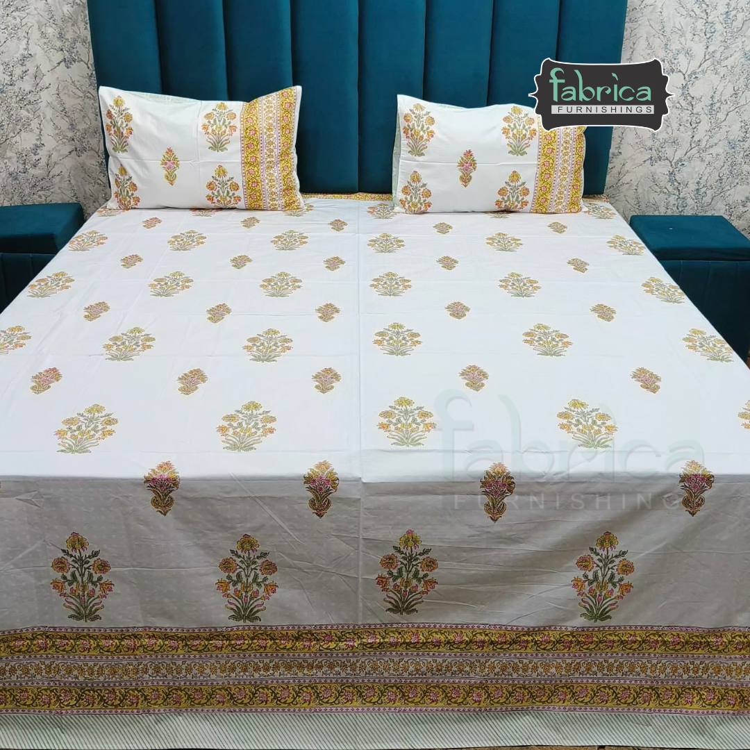 Dobby Checks 600 TC Hand block Printed  King-size Bedsheet