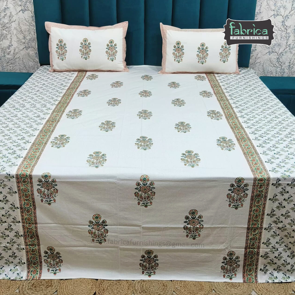 Traditional Handblock And Ajrak Printed Pure Cotton King Size Bedsheet