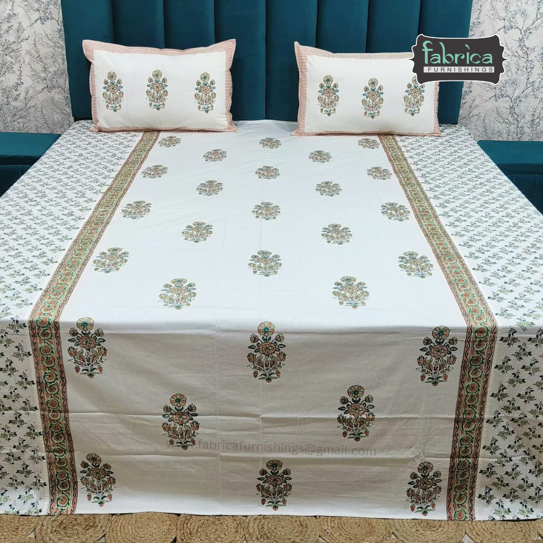 Traditional Handblock And Ajrak Printed Pure Cotton King Size Bedsheet