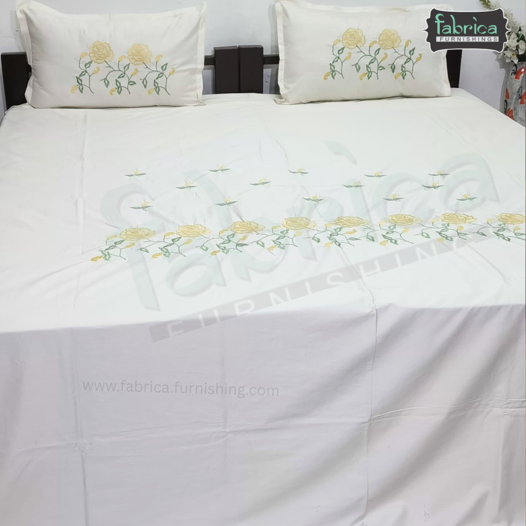 Ivory bloom Designer Pure Cotton Kingsize Embroidered Bedsheet