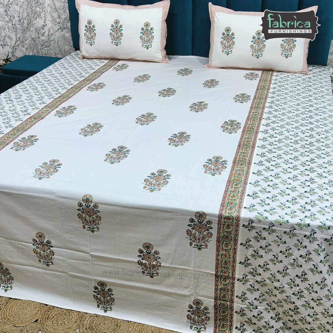 Traditional Handblock And Ajrak Printed Pure Cotton King Size Bedsheet