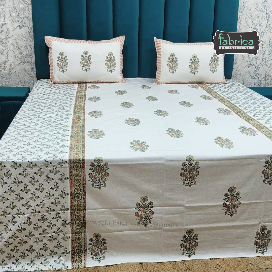 Traditional Handblock And Ajrak Printed Pure Cotton King Size Bedsheet