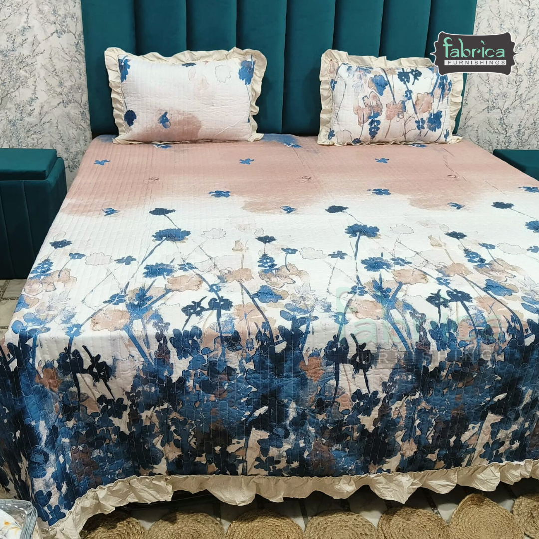 Florence Printed  King Size Pure Cotton Quilted Frill Work Bedcover
