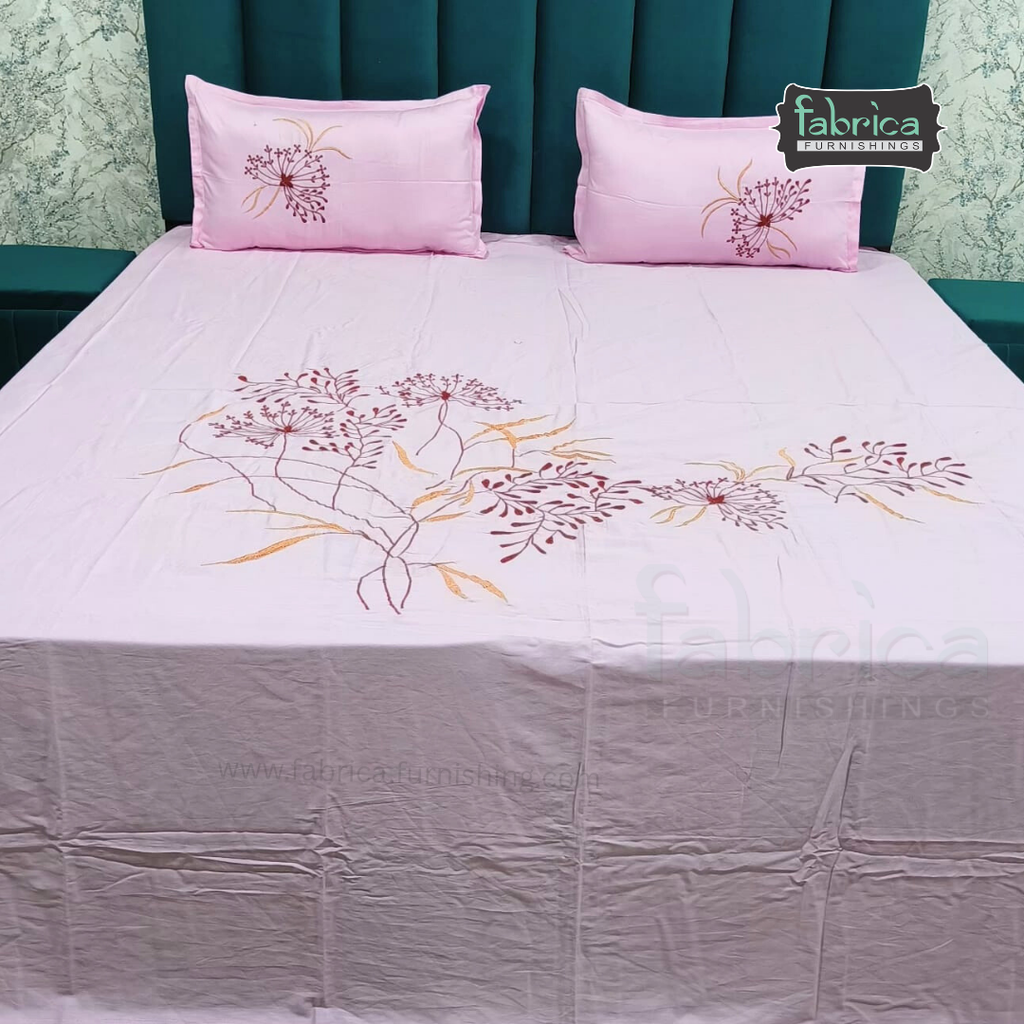 Ivory bloom Designer Pure Cotton Kingsize Embroidered Bedsheet